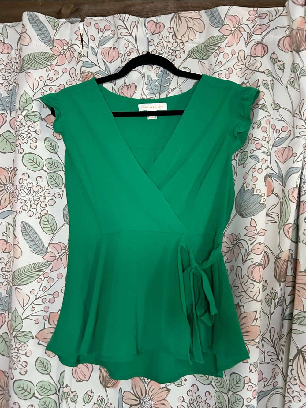 Monteau Emerald Green Wrap Flutter Sleeve Top